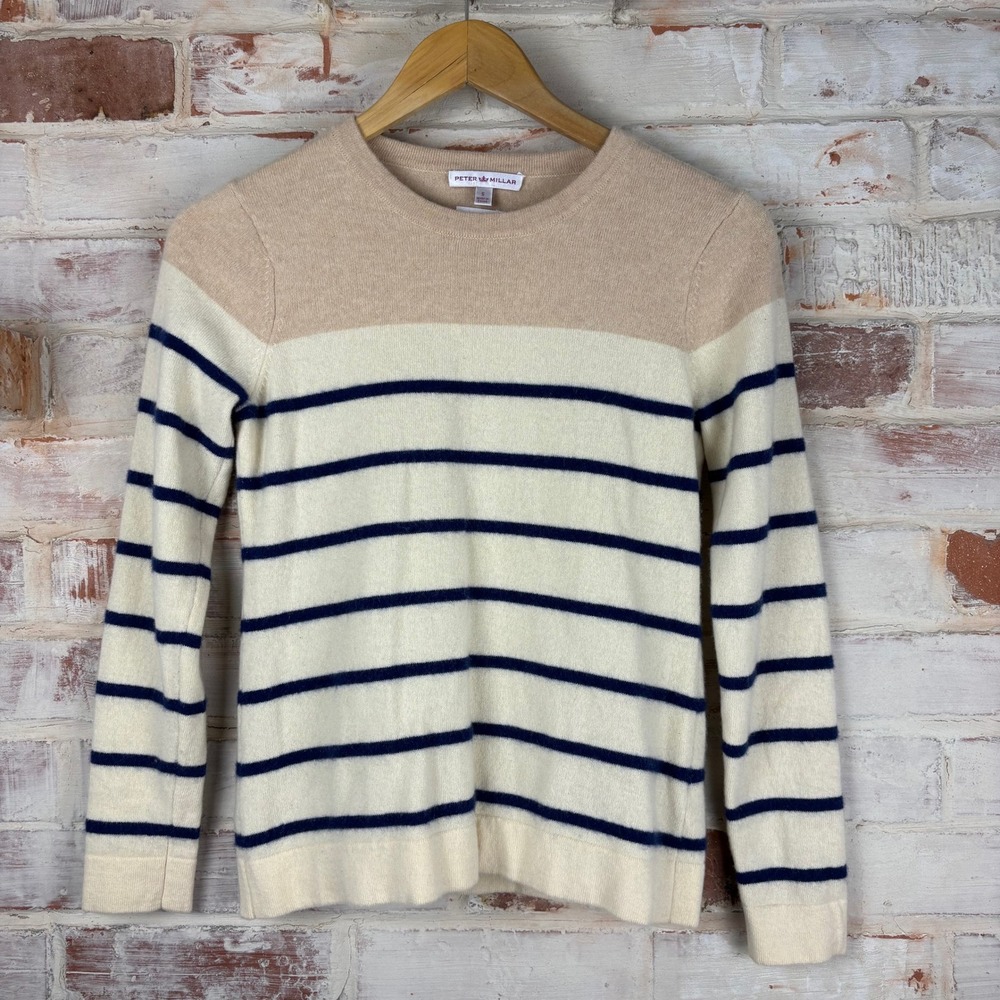 Peter Millar 100% Pure Cashmere Breton Stripe Crewneck Sweater Sz S Coastal Navy